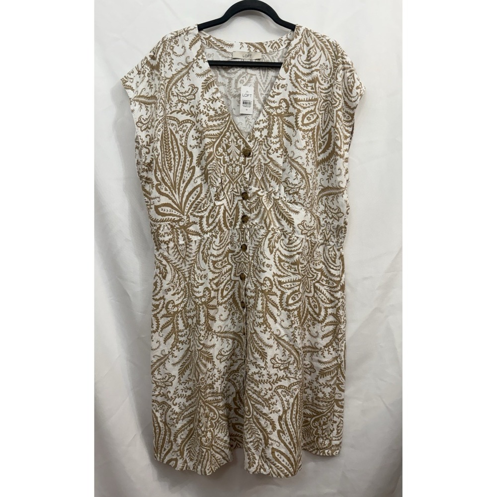 NWT LOFT Linen Blend Empire Waist Button Front Paisley Beige Dress Size 18 - Picture 1 of 7